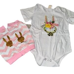 Floral Bunny Print White and Pink Baby Onesie Set